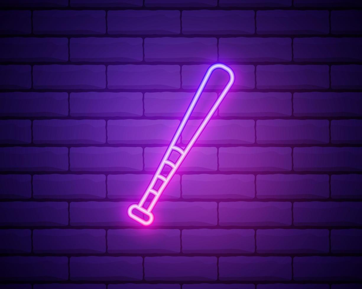 Glowing neon line Baseball bat icon isolated on brick wall vector