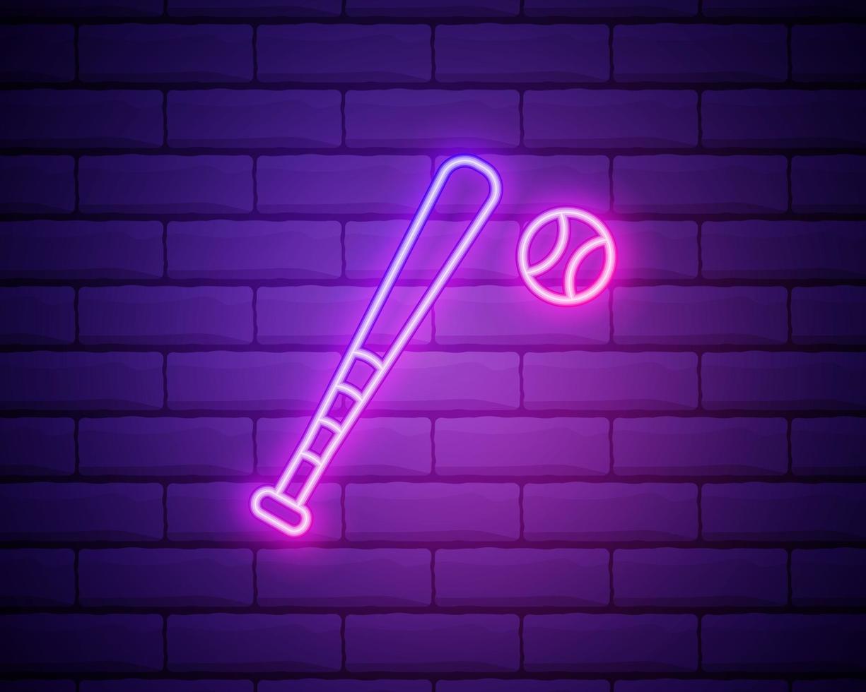 Glowing neon Baseball ball and bat icon isolated on vector