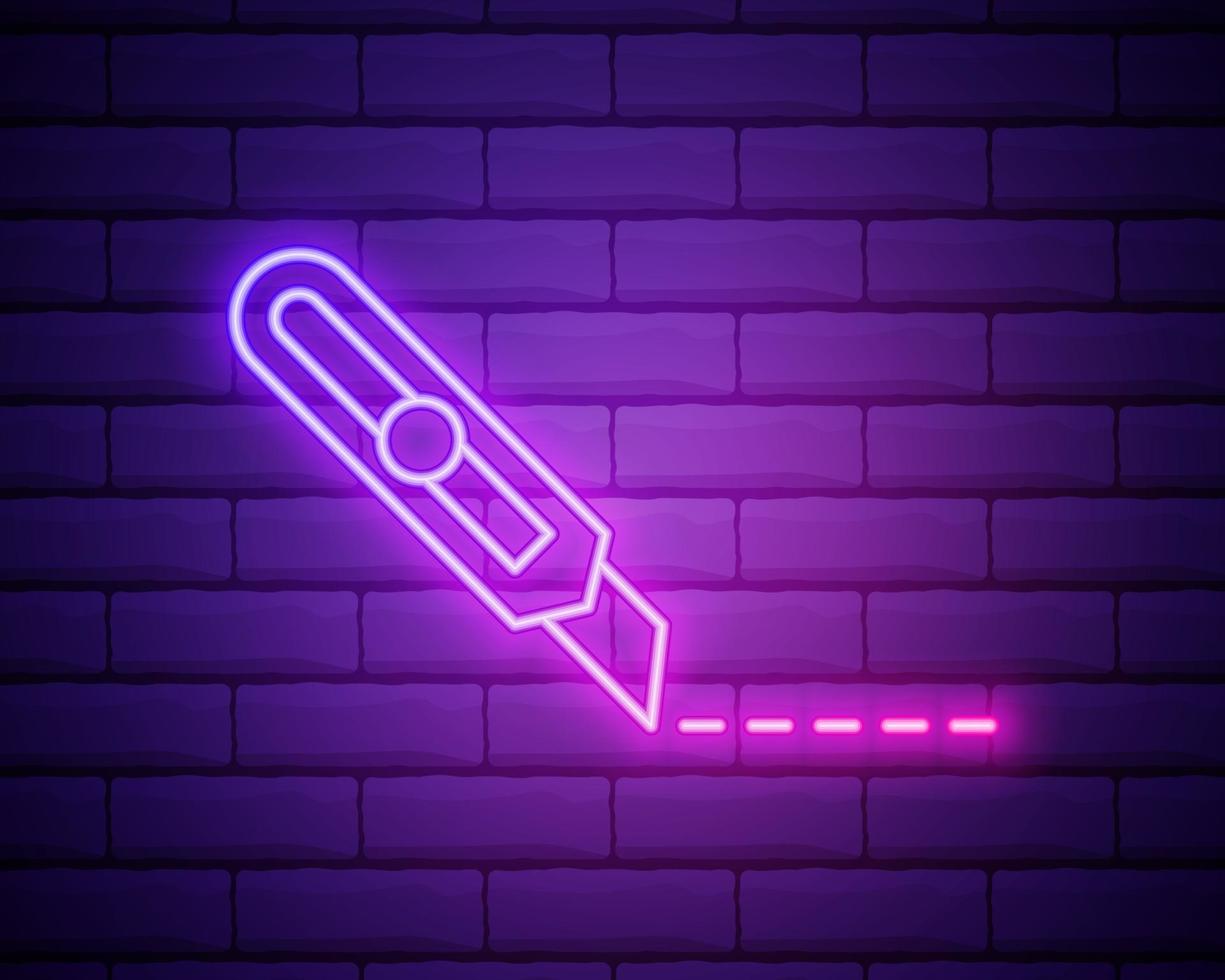 Glowing neon Stationery knife icon isolated on brick wall background vector