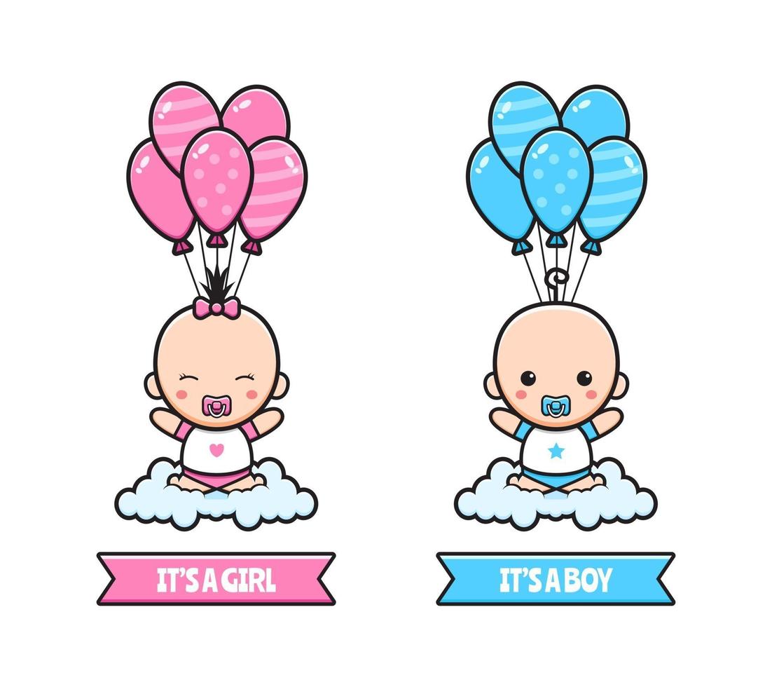 Cute baby shower género revelar parte concepto de tarjeta ilustración de dibujos animados vector