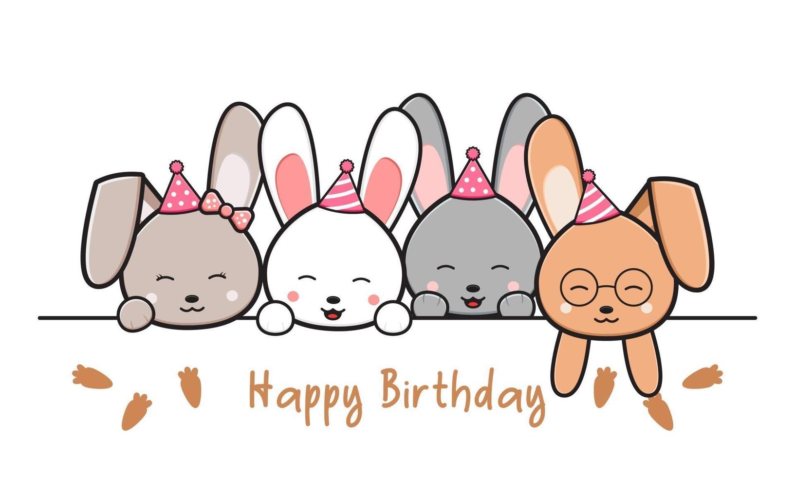 Happy birthday greeting card with cute rabbits doodle illustration