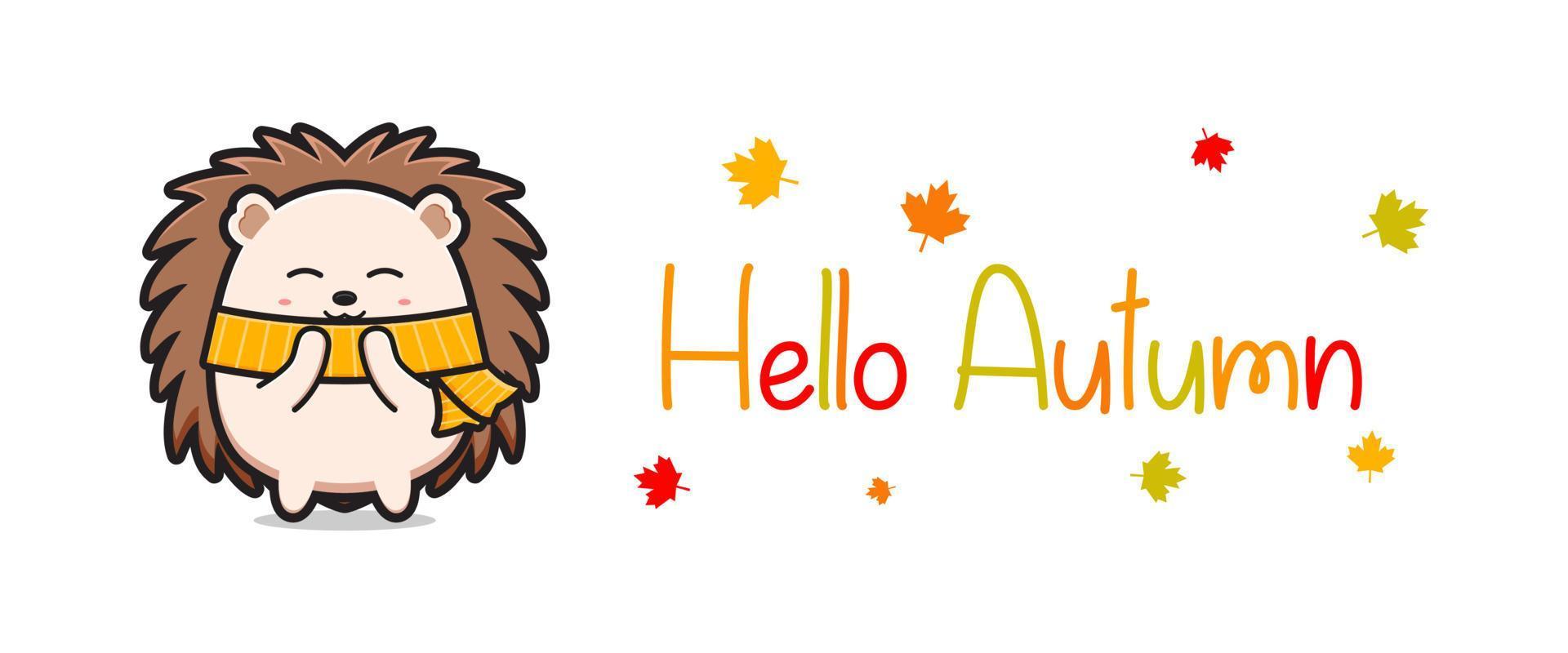 Hello autumn banner with cute hedgehog doodle cartoon icon illustra vector