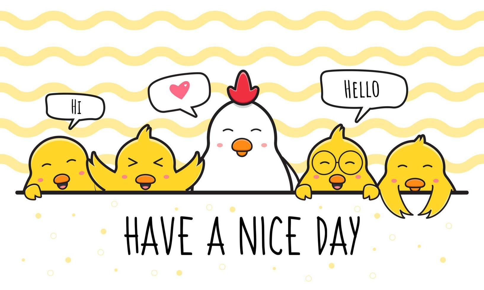 Cute chicken family greeting card doodle cartoon icon illustration vector