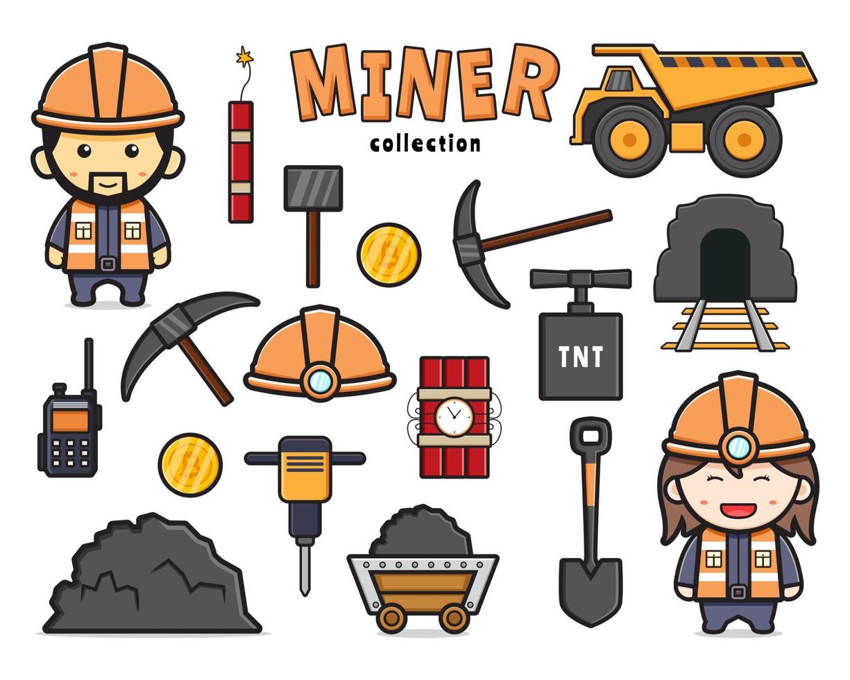 Set collection of cute miner and equipment clip art illustration vector