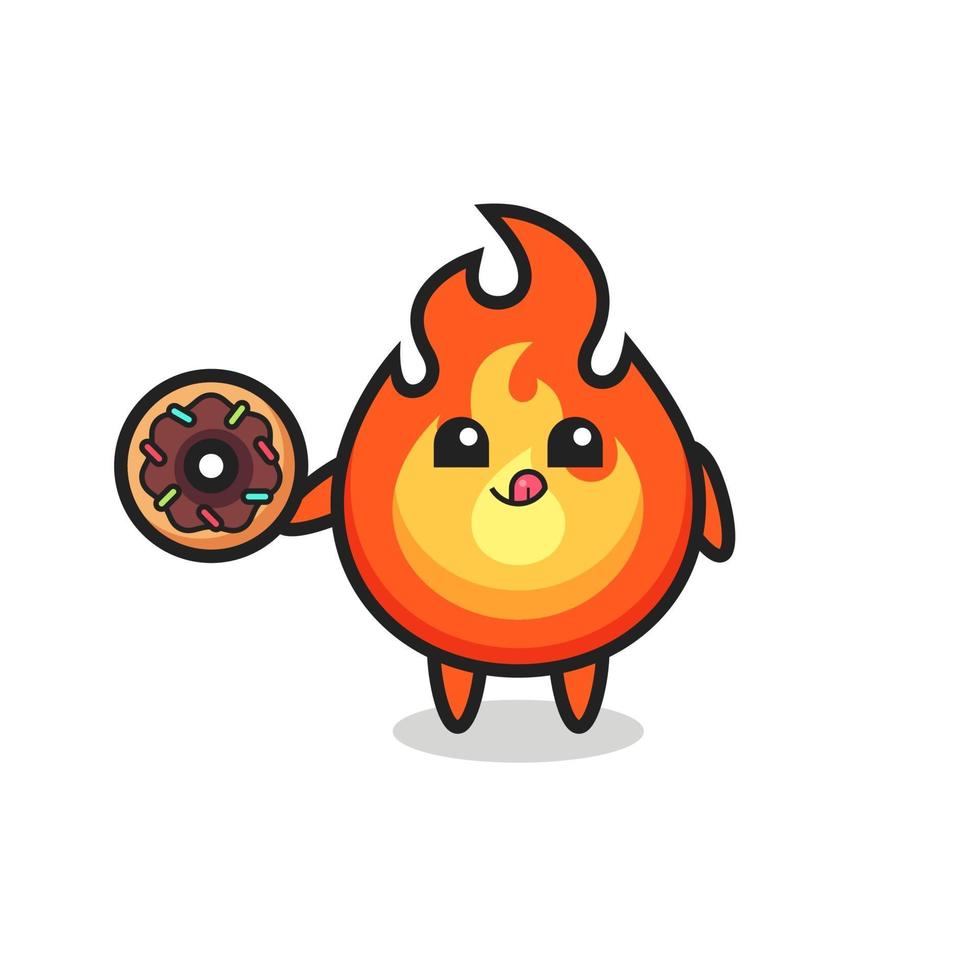 Ilustración de un personaje de fuego comiendo una rosquilla vector