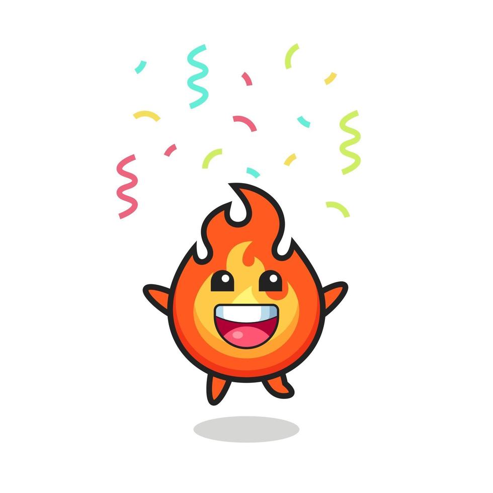 mascota de fuego feliz saltando de felicitación con confeti de colores vector