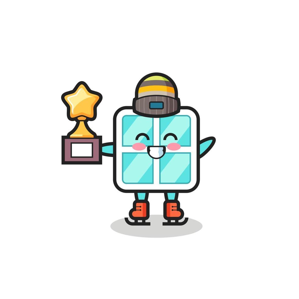 window cartoon as an ice skating player hold winner trophy vector