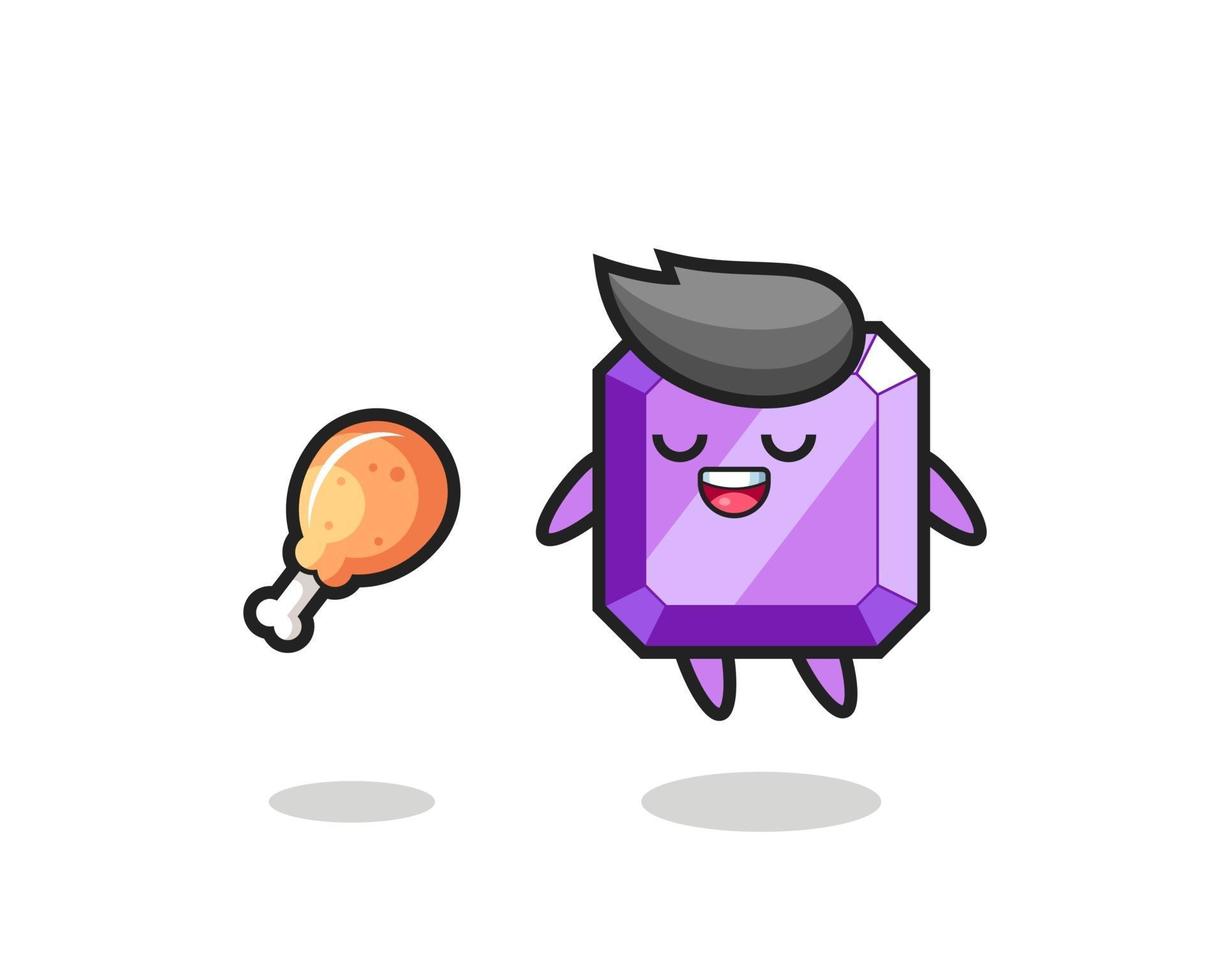 cute purple gemstone floating and tempted because of fried chicken vector