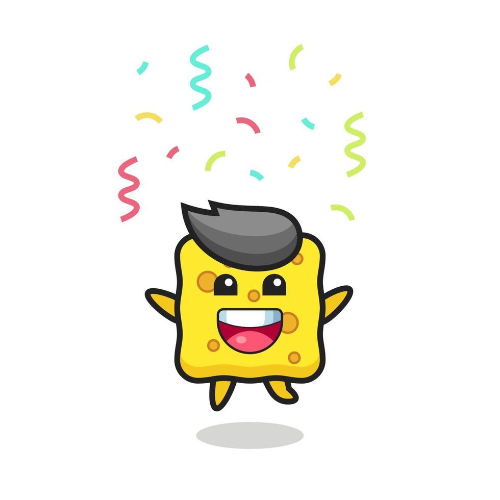 Feliz mascota de esponja saltando de felicitación con confeti de colores vector