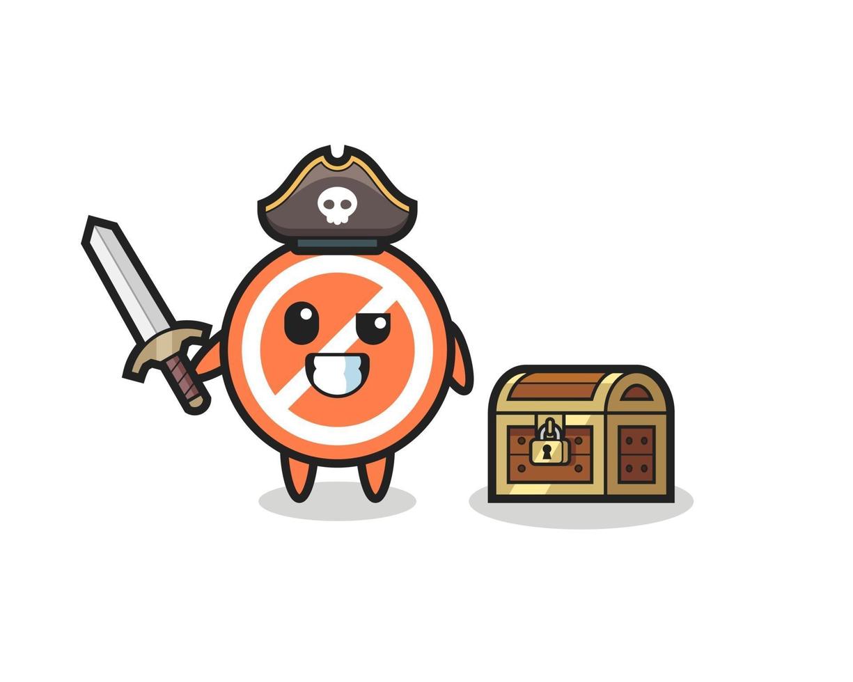 the stop sign pirate character holding sword beside a treasure box vector