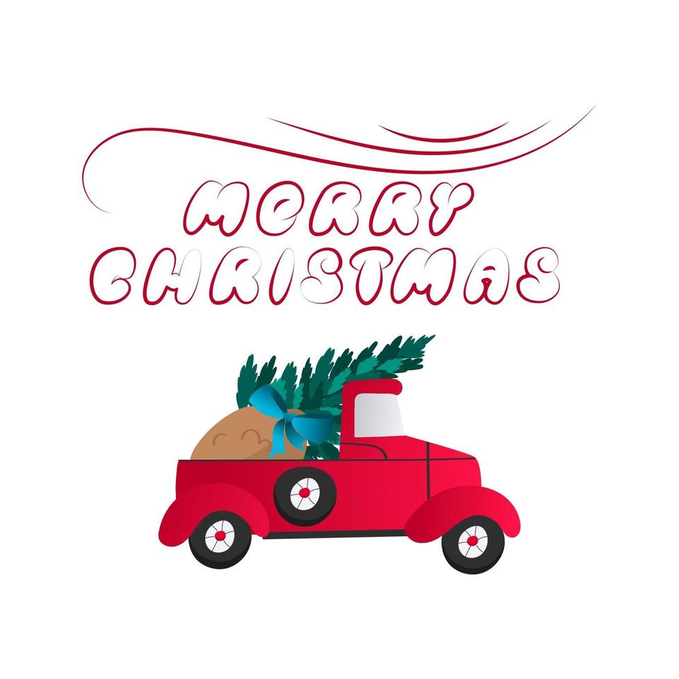 Red car carries gifts in a sack and a Christmas tree. vector