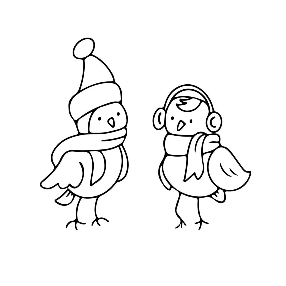 pájaros lindos dibujados a mano con sombrero y bufanda estilo doodle vector