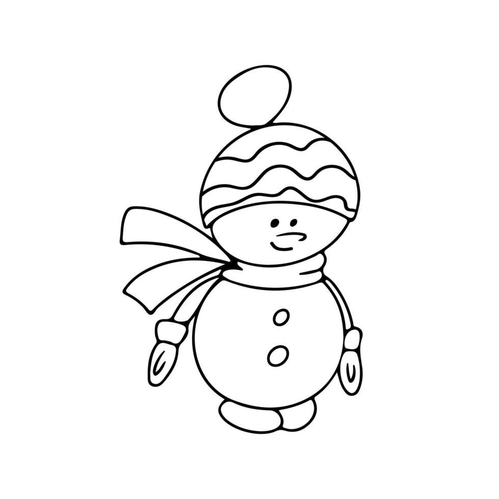 Hand drawn funny snowman in a hat, scarf and mittens vector