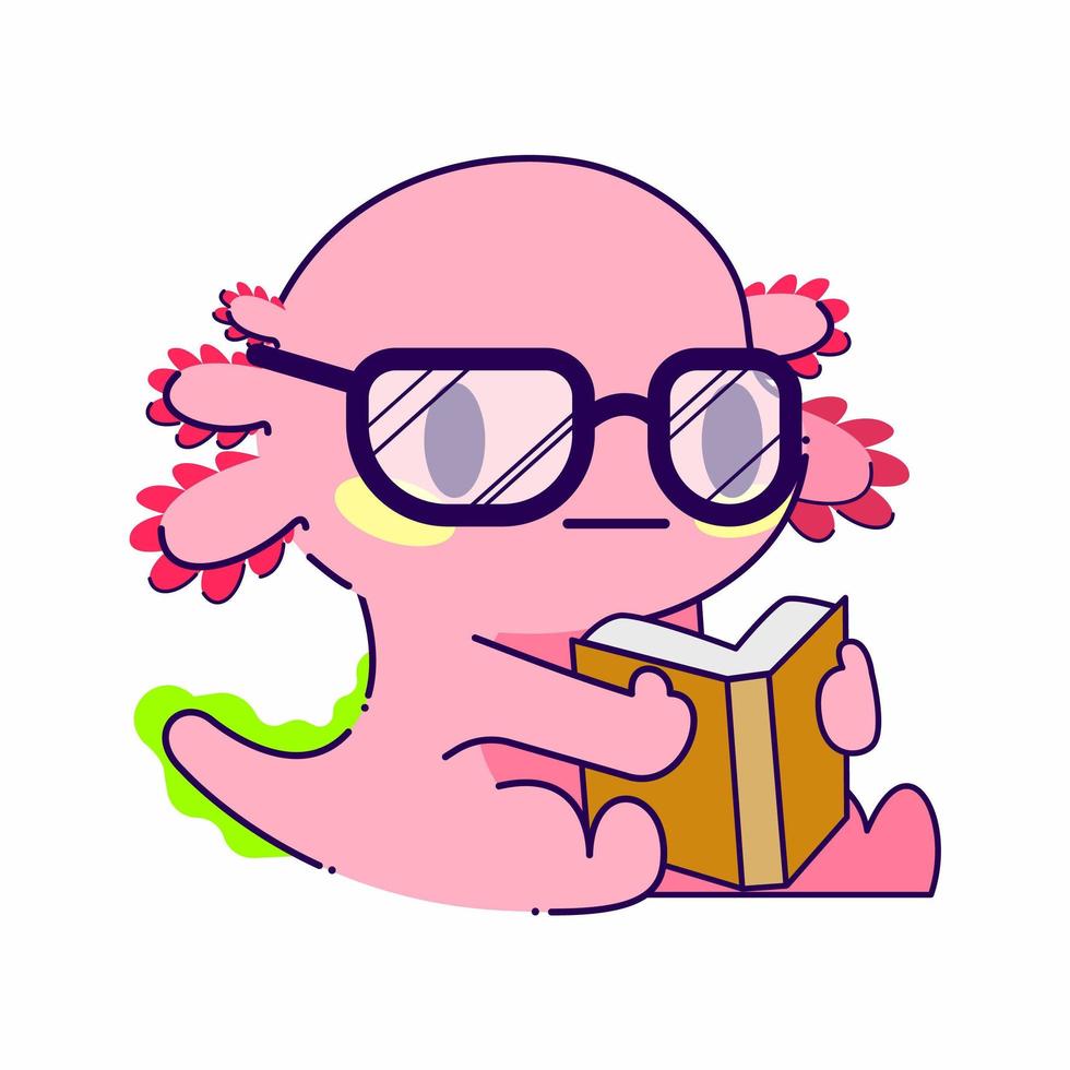 lindo, axolotl, lectura, pose, vector, ilustración vector