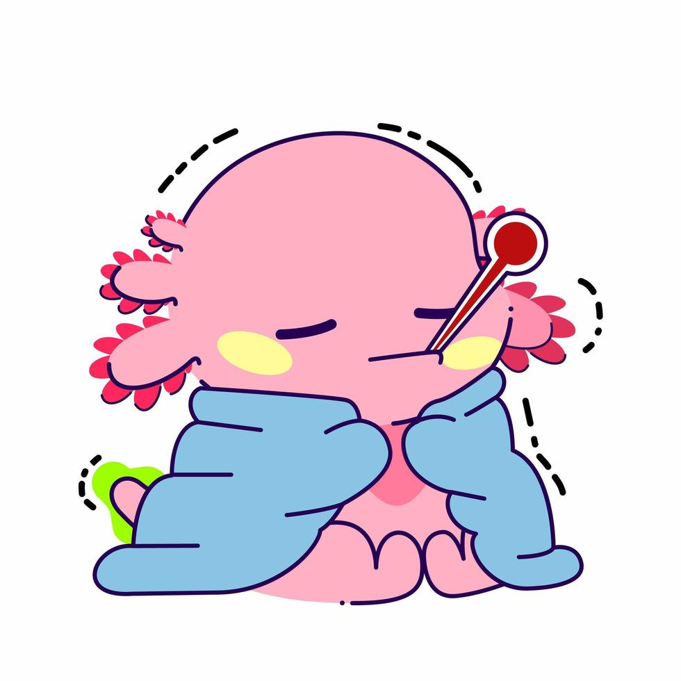 Ilustración de vector de pose de fiebre de axolotl lindo