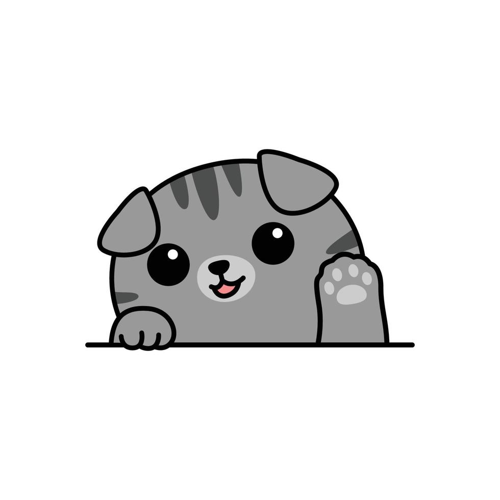 Cute gray scottish fold cat waving paw cartoon, vector illustration