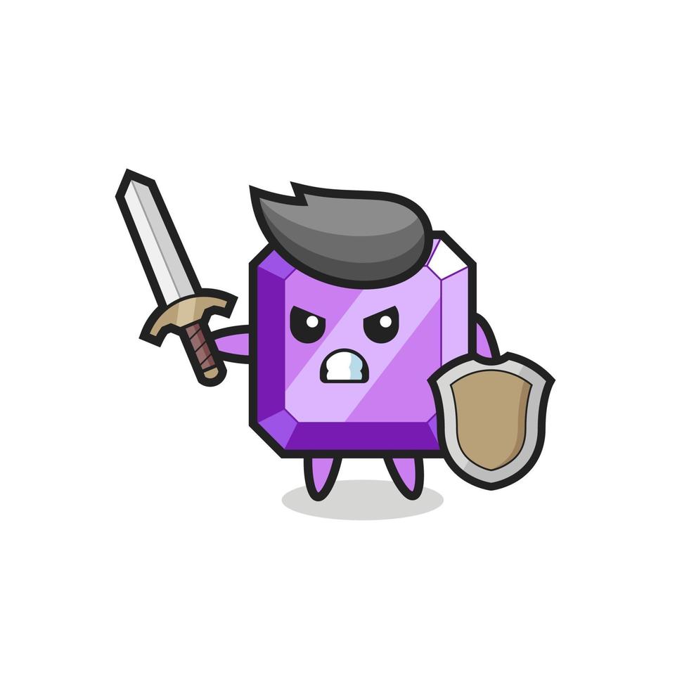 cute purple gemstone soldier fighting with sword and shield vector