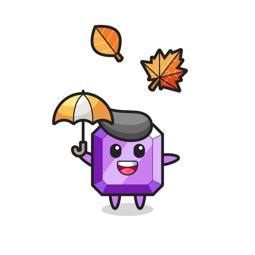 cartoon of the cute purple gemstone holding an umbrella in autumn vector