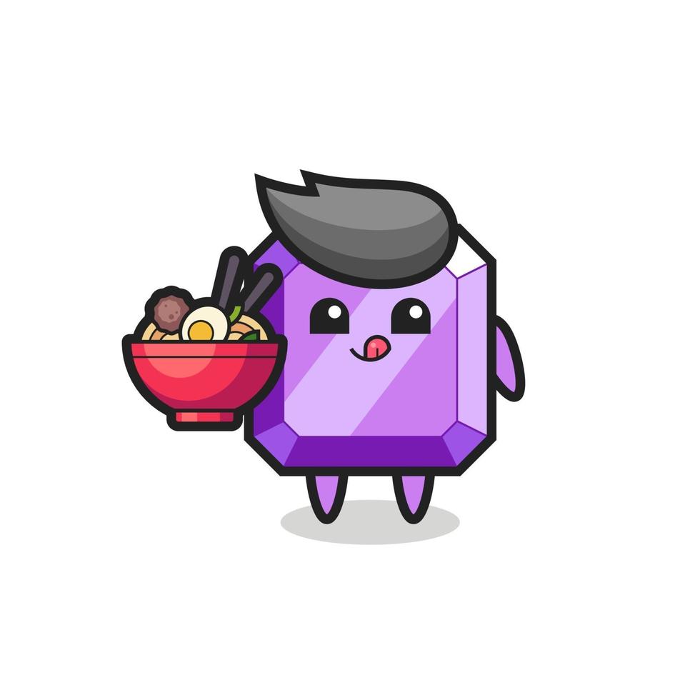 cute purple gemstone character eating noodles vector