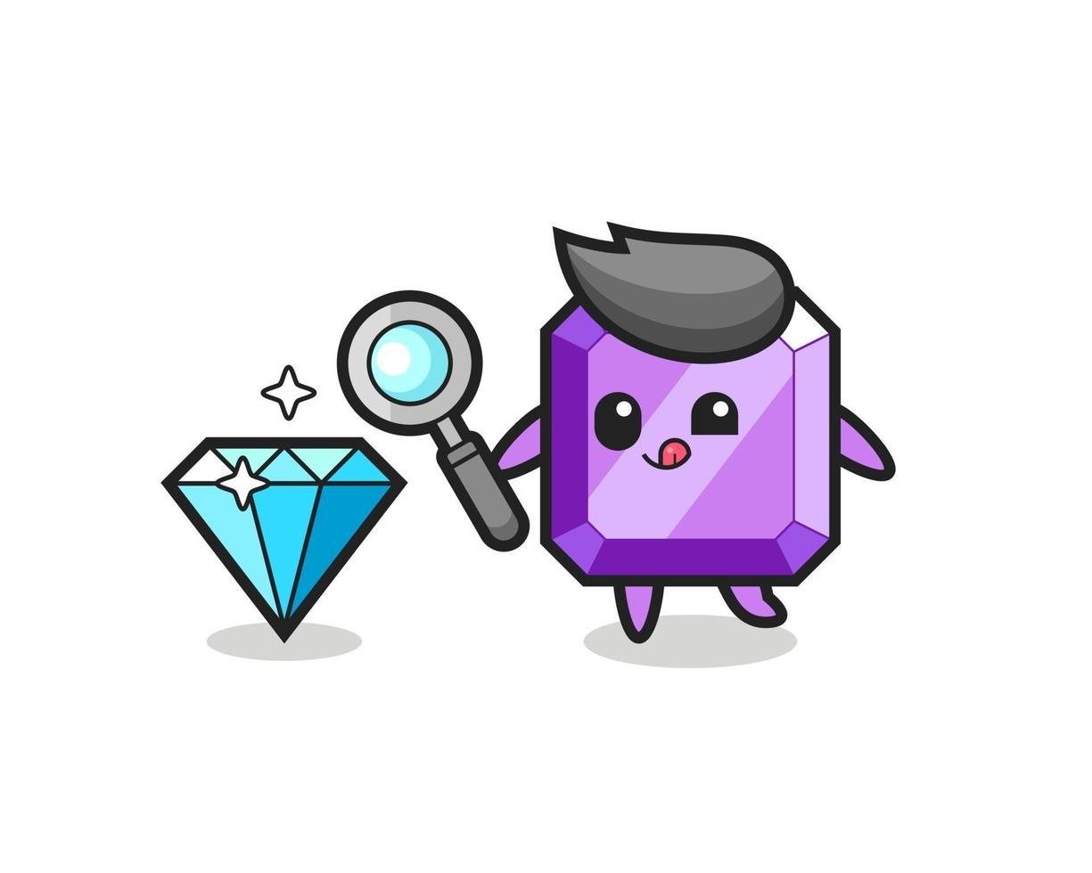 purple gemstone mascot is checking the authenticity of a diamond vector