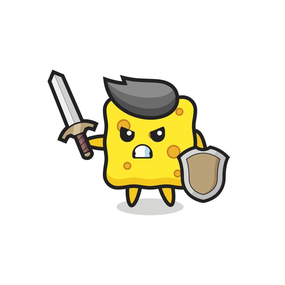 cute sponge soldier fighting with sword and shield vector