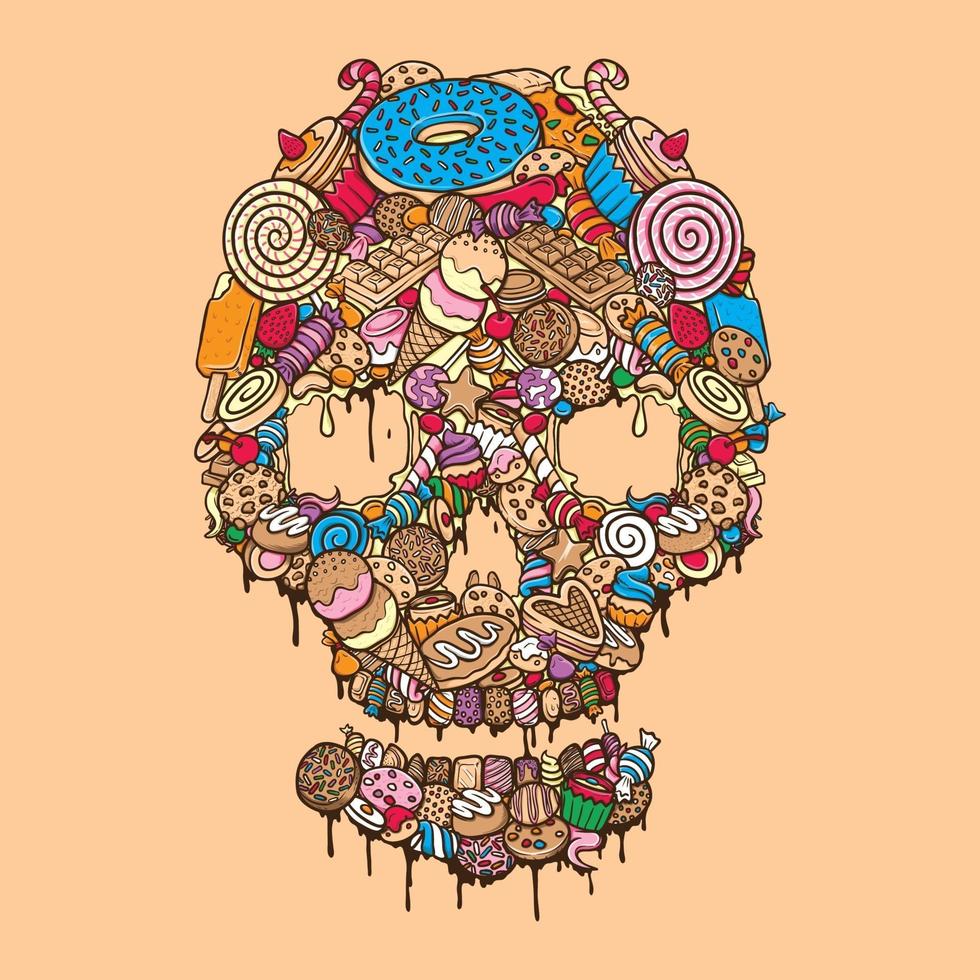los alimentos dulces son el asesino silencioso en la ilustración de los huesos de la cabeza del cráneo vector