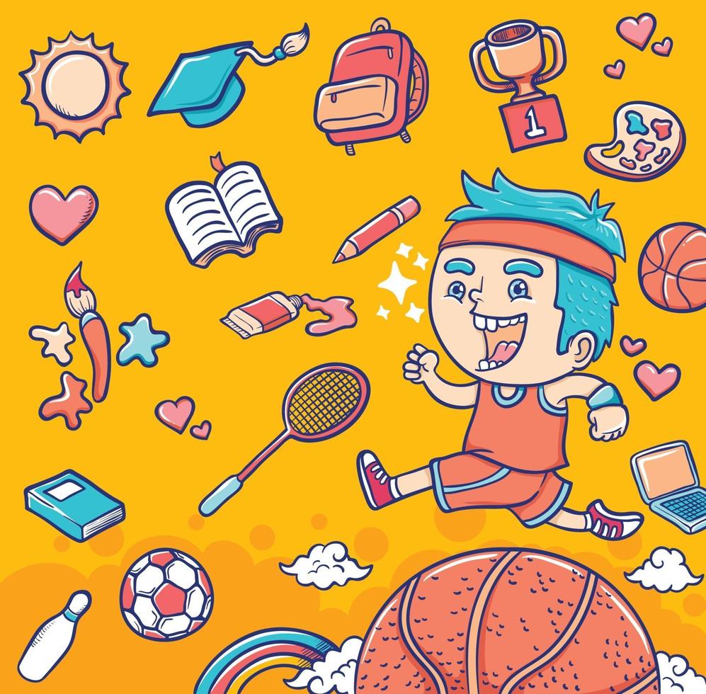 cute boy back to school with education icon doodle illustration vector