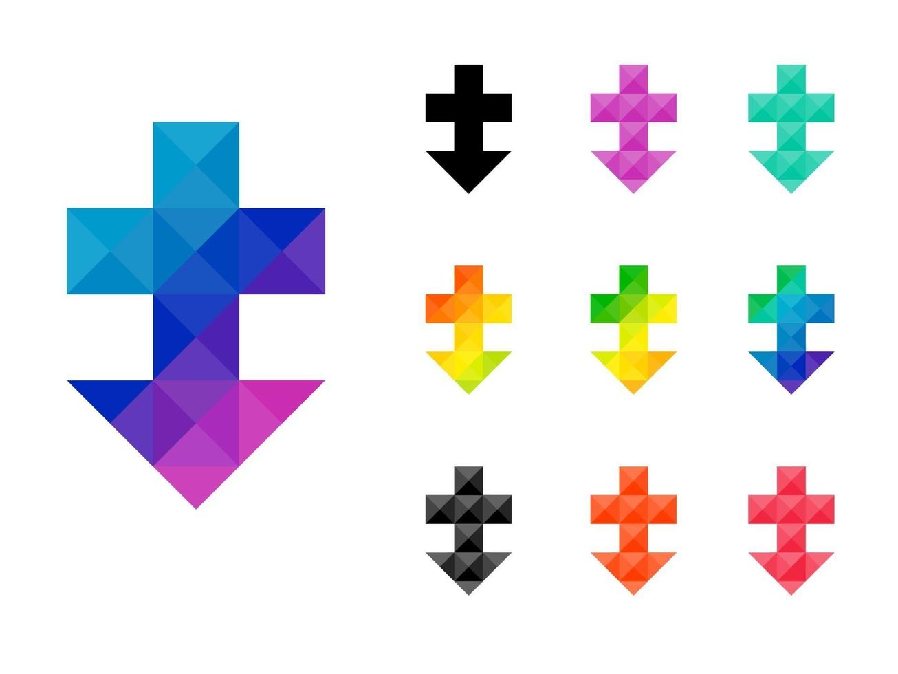 Set of colorful crossroads to down pointer vector