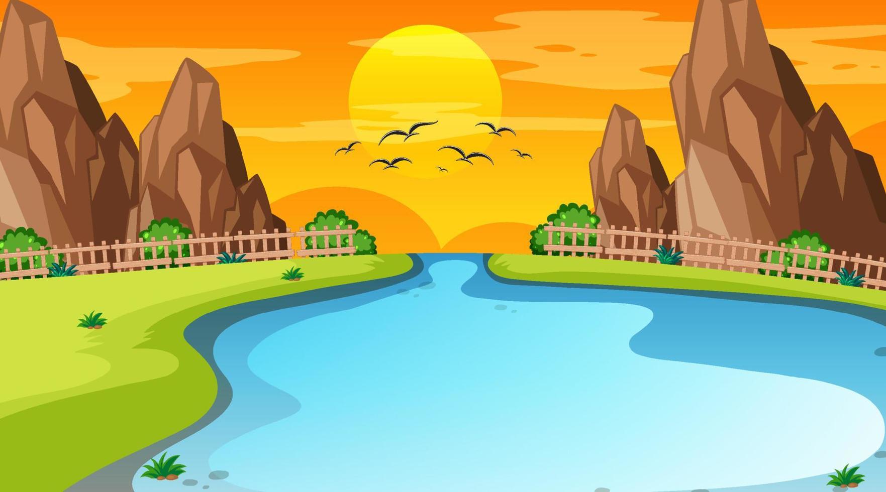 Landscape scene of forest with river and the sun going down vector