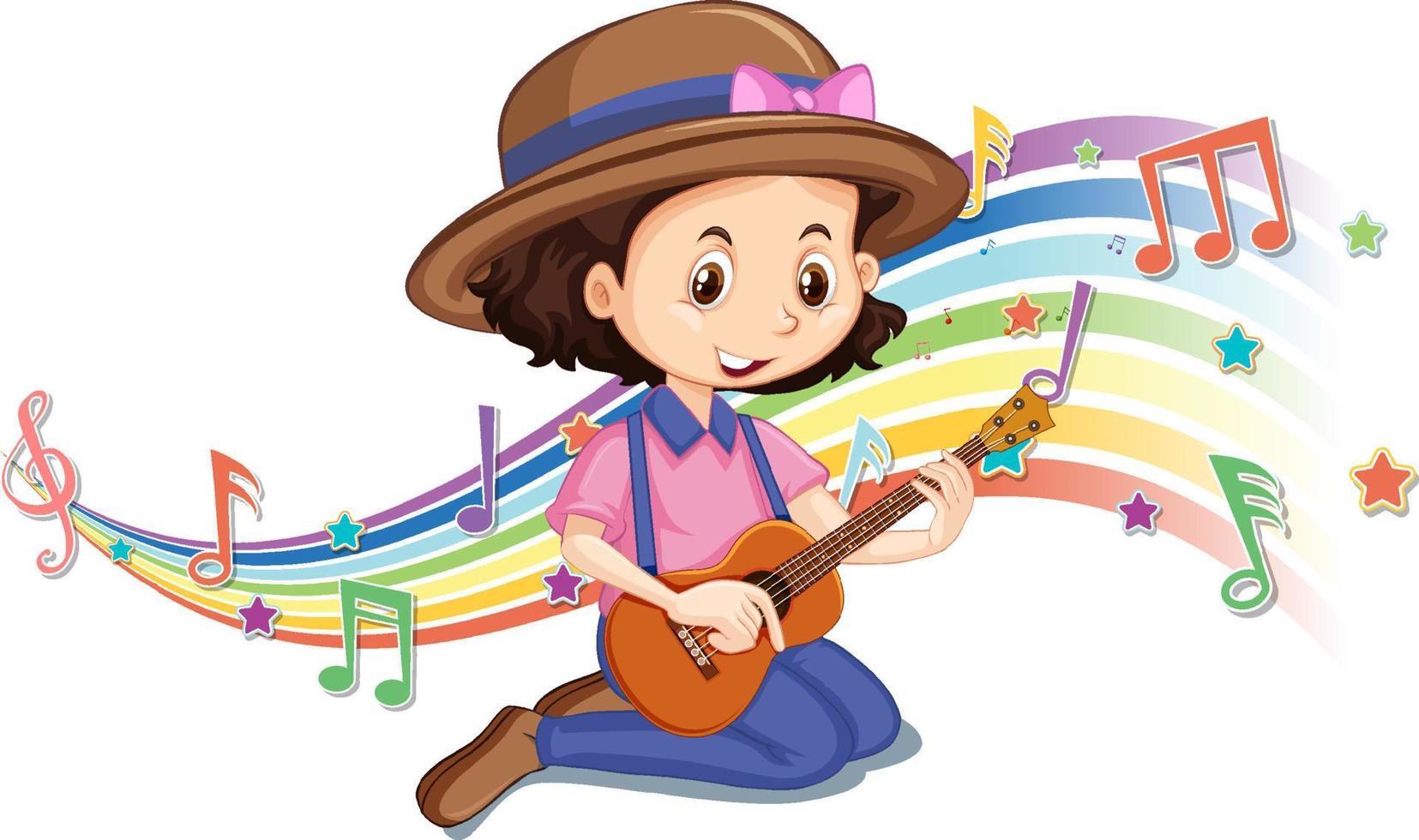 niña tocando la guitarra con símbolos de melodía en la onda del arco iris vector