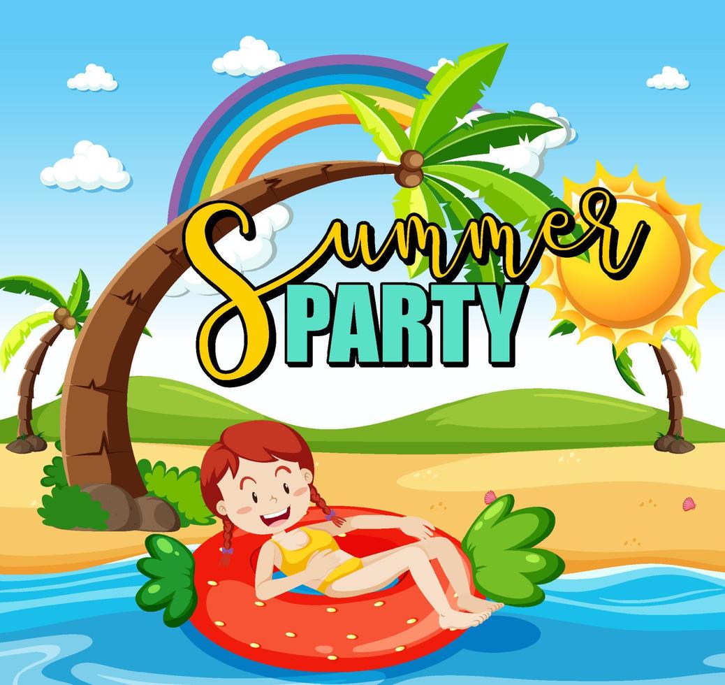 Tropical beach scene with Summer Party text banner vector