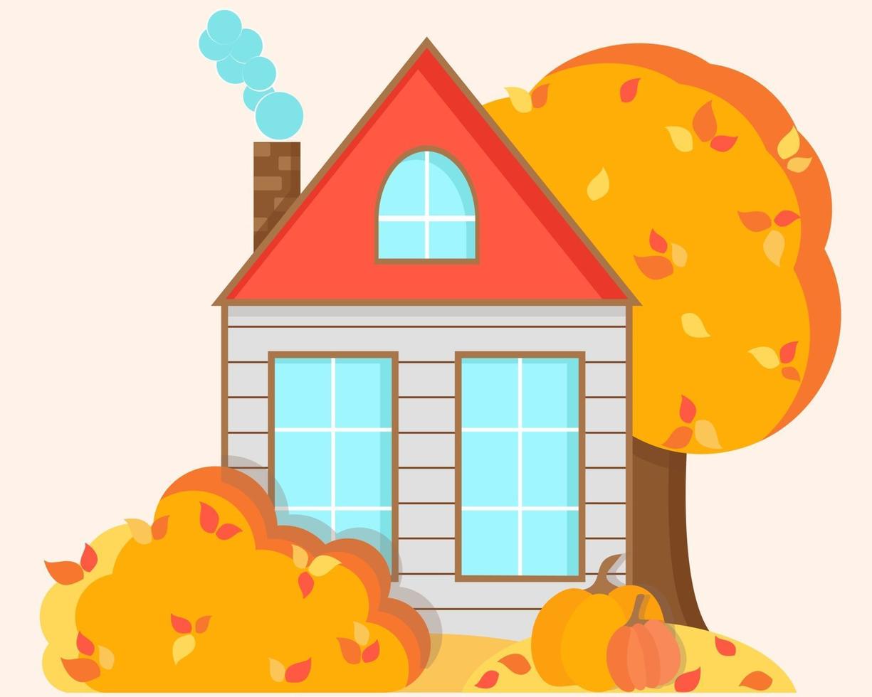 Autumn landscape with a house tree bushes and leaves Vector