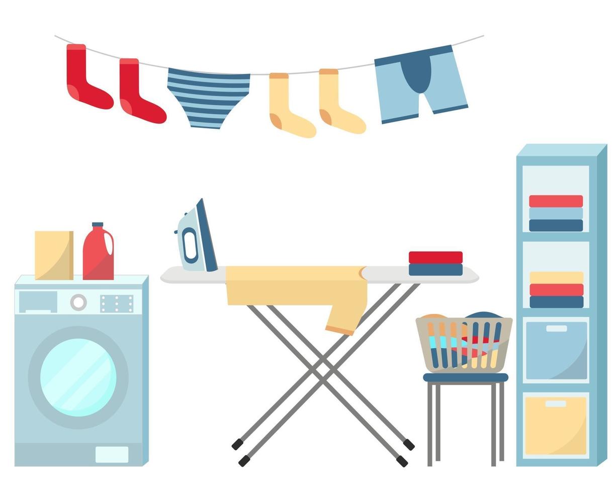 Washing and ironing clothes vector set Laundry items