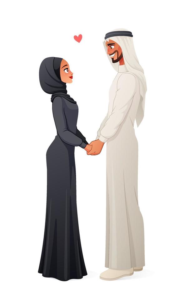 Feliz pareja árabe enamorada cogidos de la mano ilustración vectorial vector