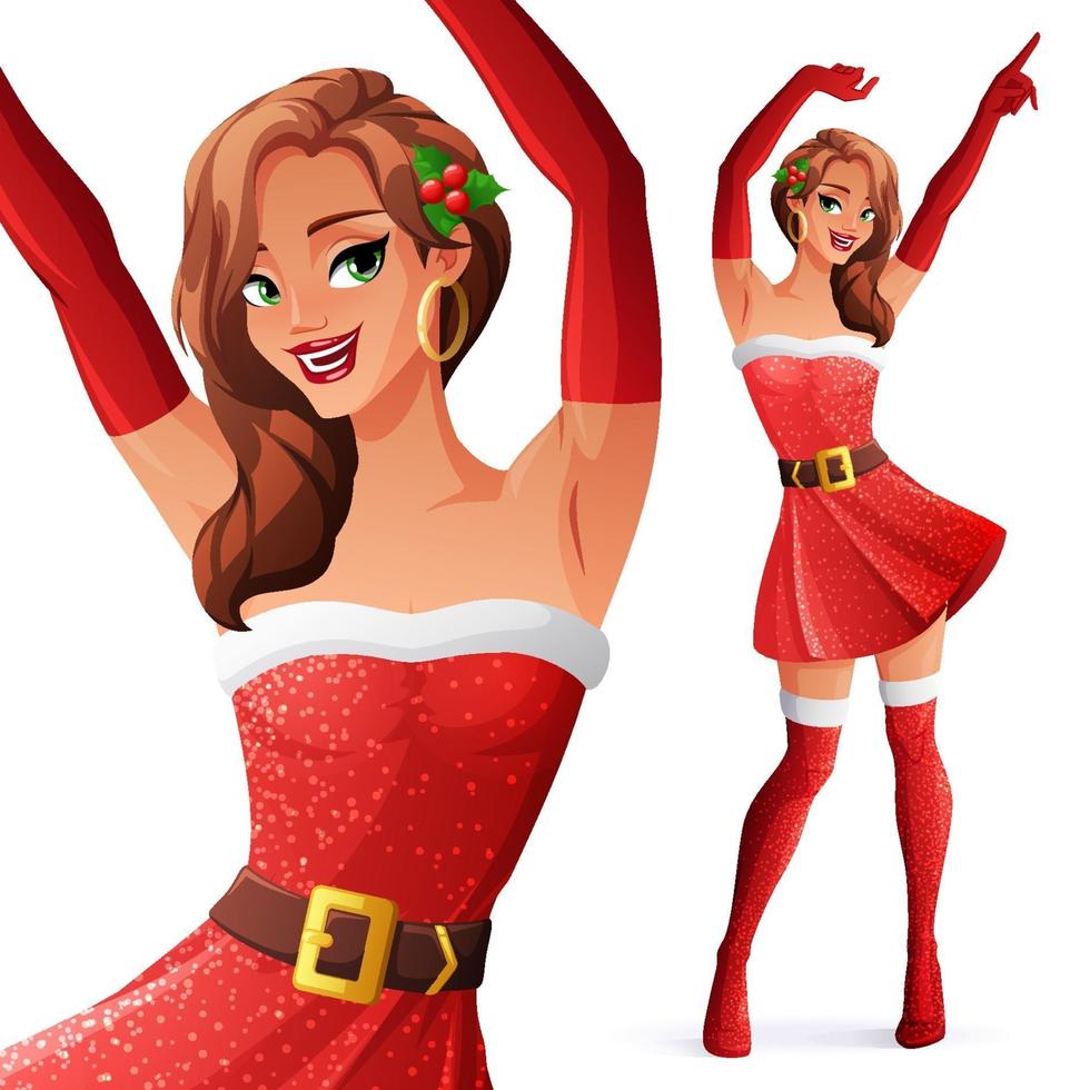 Pretty dancing girl in Christmas Santa dress vector illustration