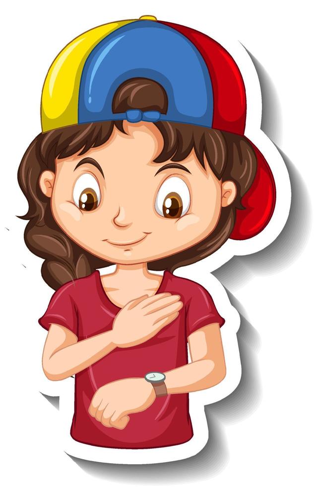 Pegatina de un personaje de dibujos animados de niña mirando el reloj de pulsera vector