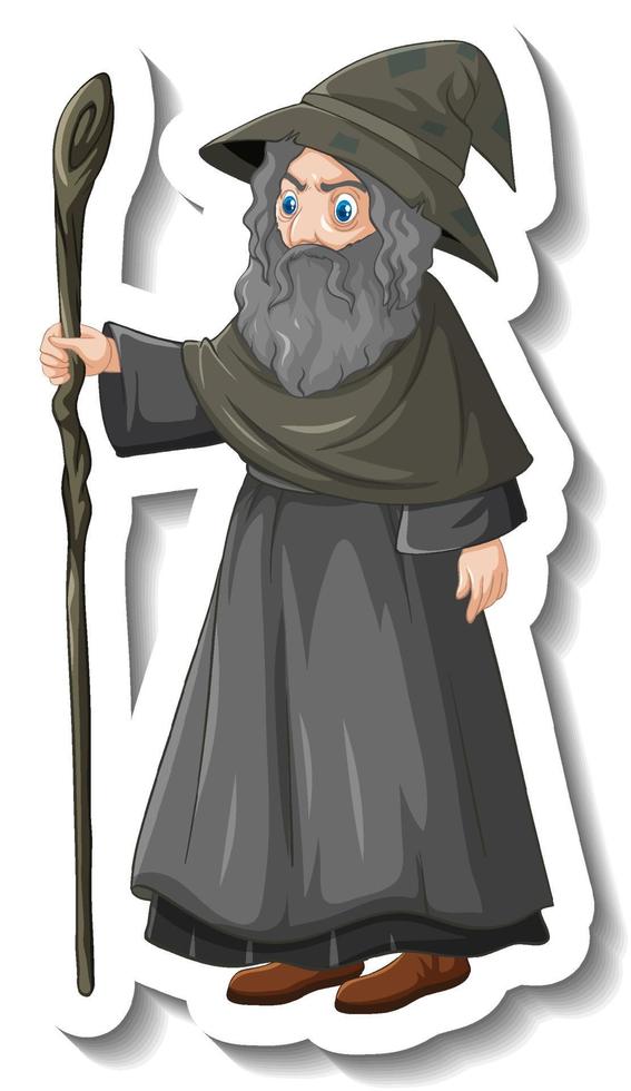 Old wizard holding staff cartoon character sticker vector