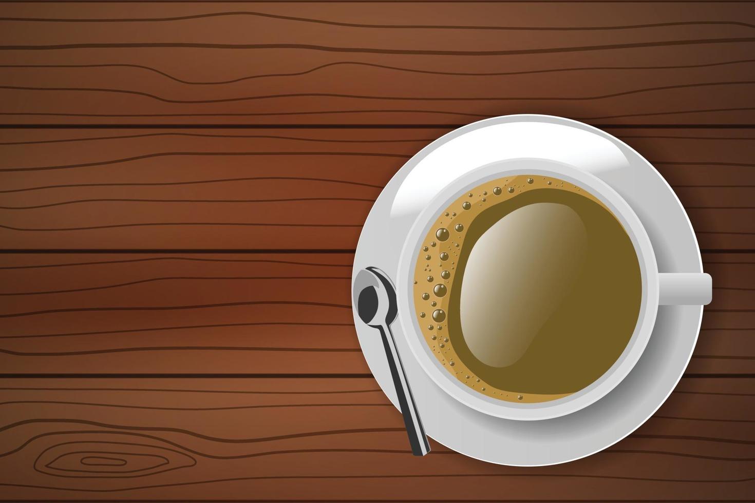 Top view of white coffee cup with plate and spoon on wooden table vector