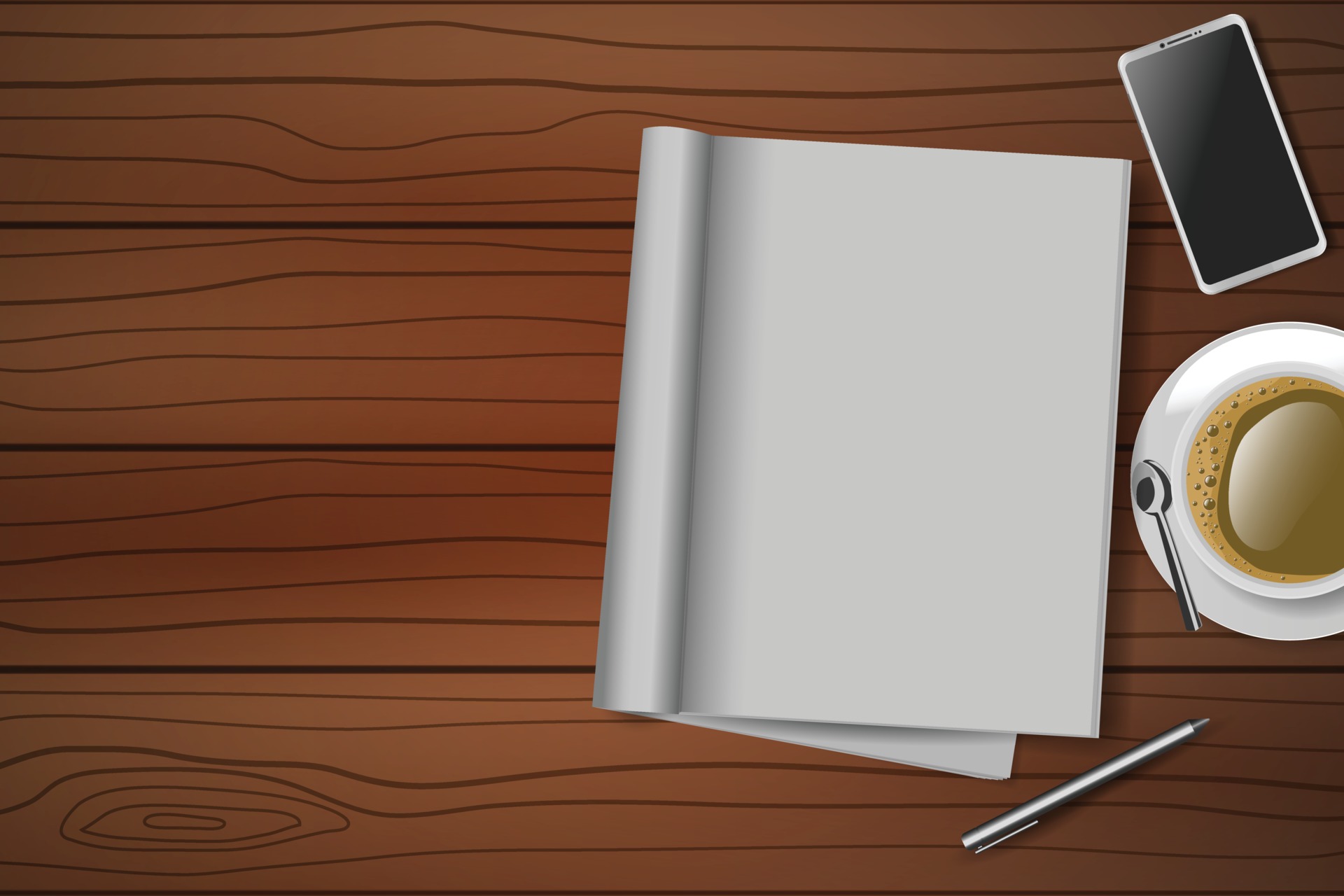 Blank paper notebook with pencil and cup of coffee on wooden table