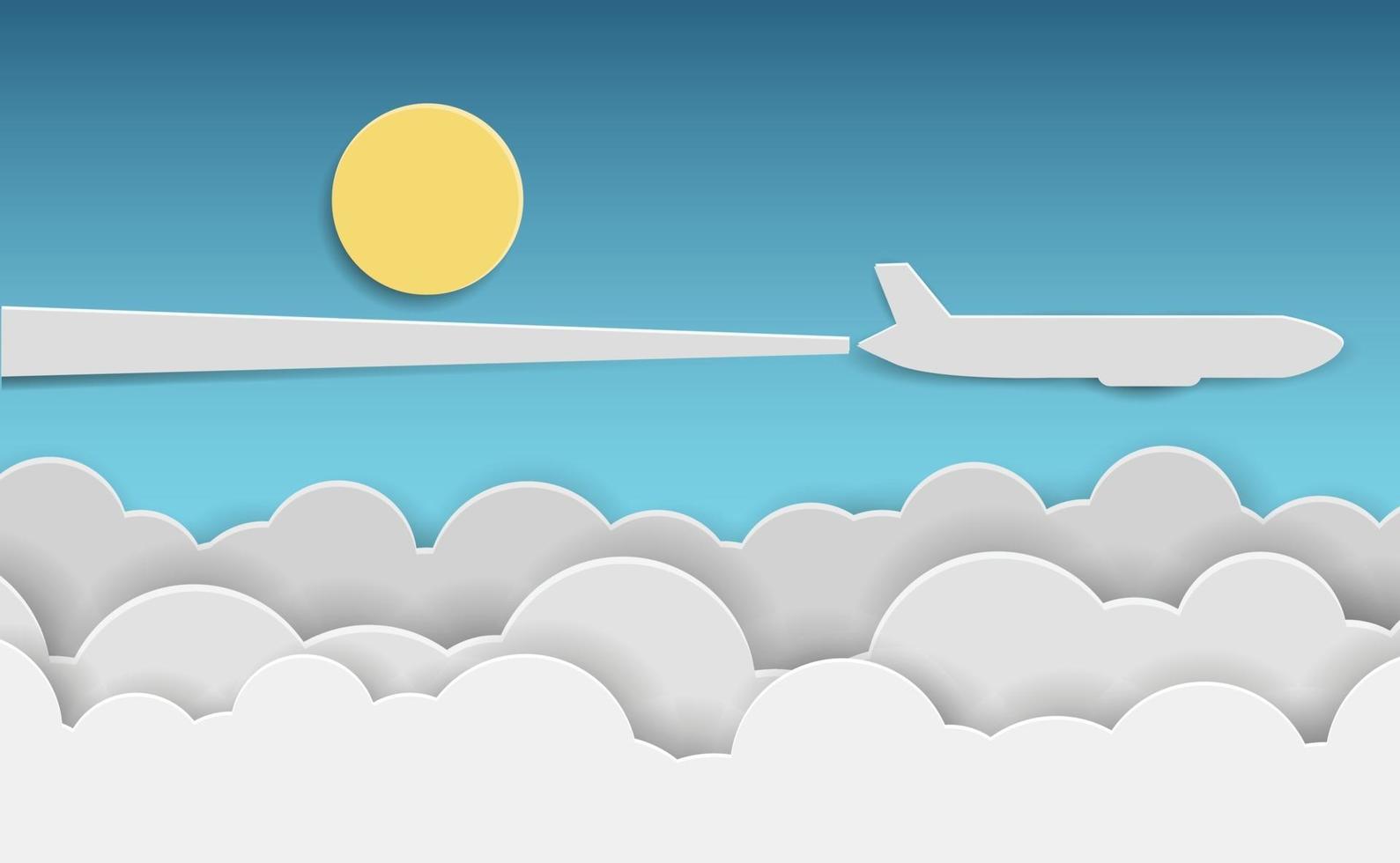Paper airplane flying above clouds in blue sky vector