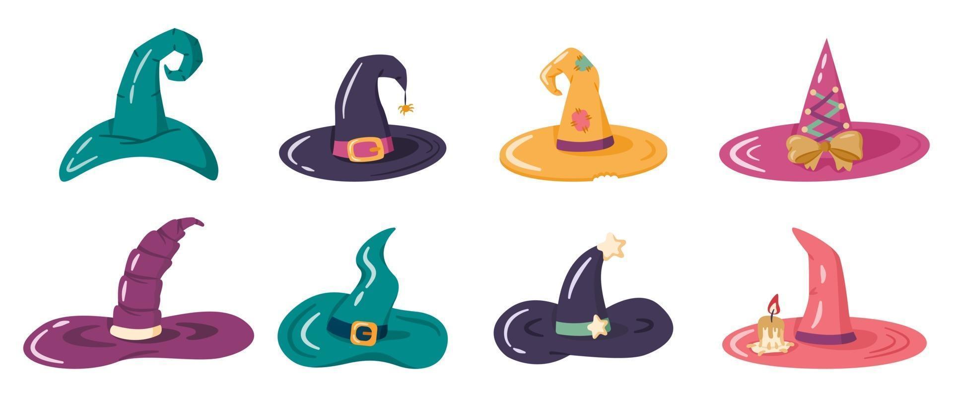 conjunto de dibujos animados de brujas y sombreros de magos vector