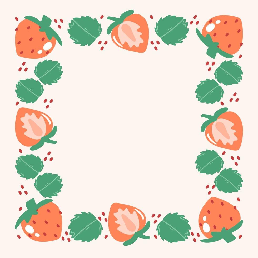 Simple square frame with strawberries and leaves of strawberry. vector