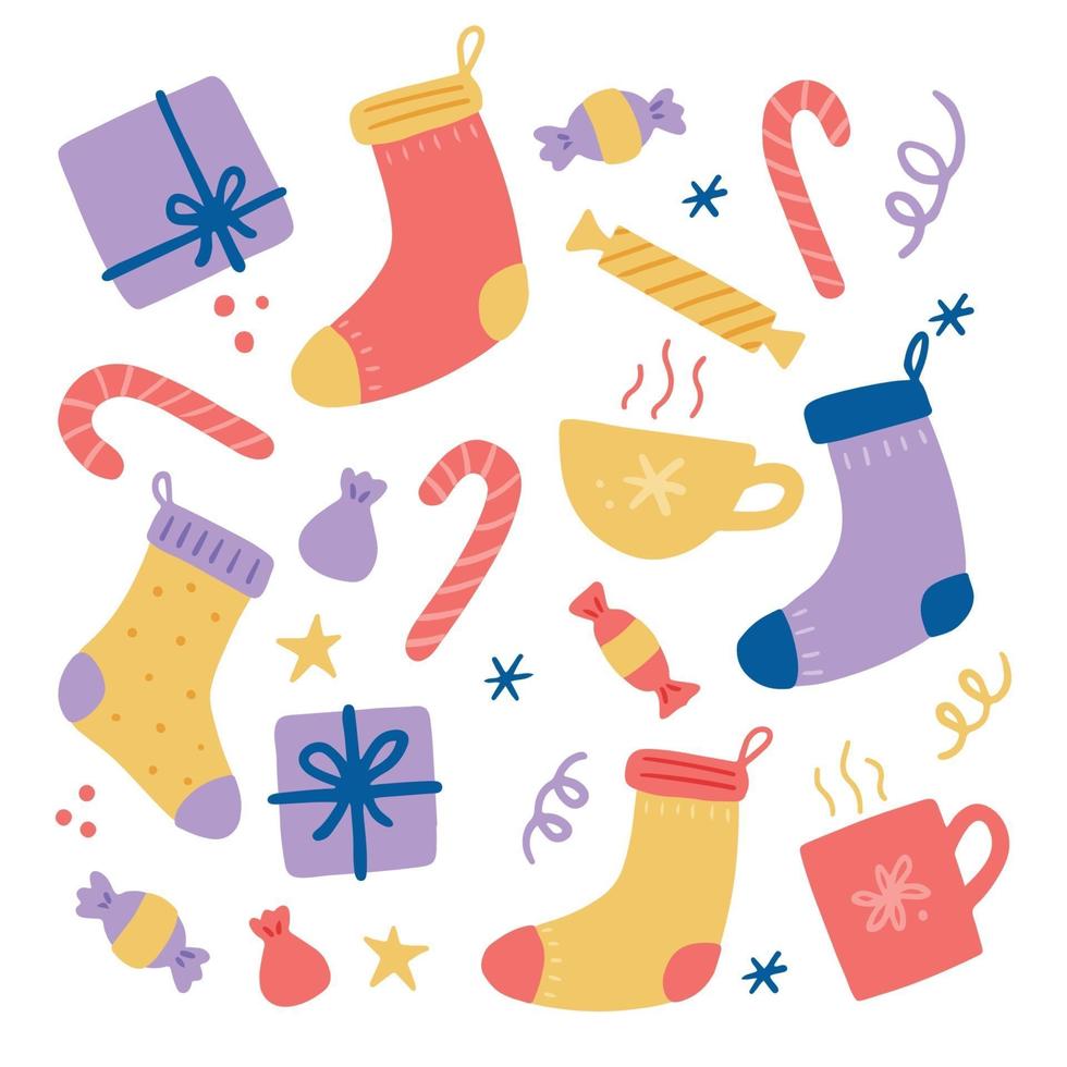 calcetín de decoración navideña con caramelos y dulces vector