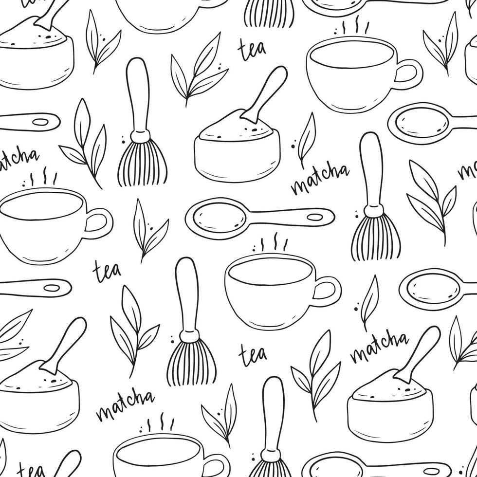 Seamless pattern of hand drawn matcha tea elements. vector