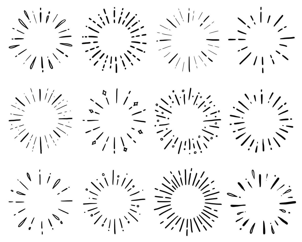 Hand drawn set of sunburst shine ray. Doodle vector