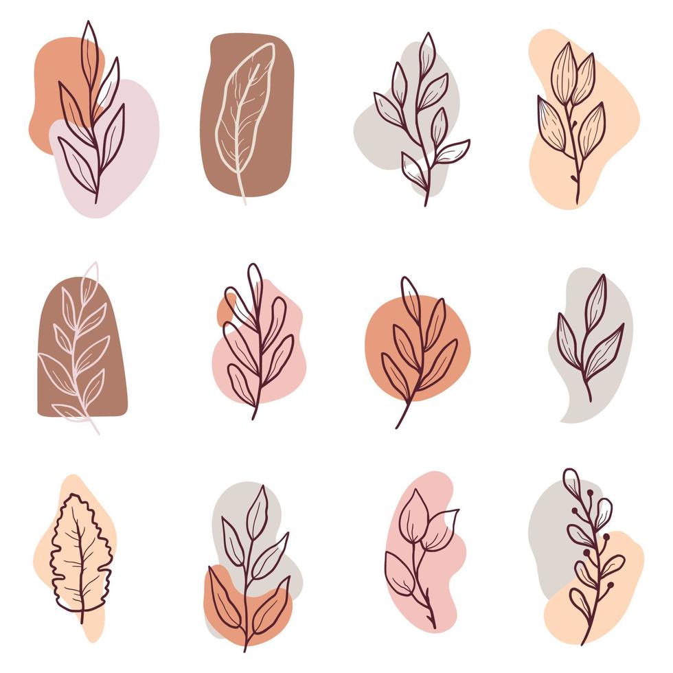 Hand drawn floral retro leaves set vector