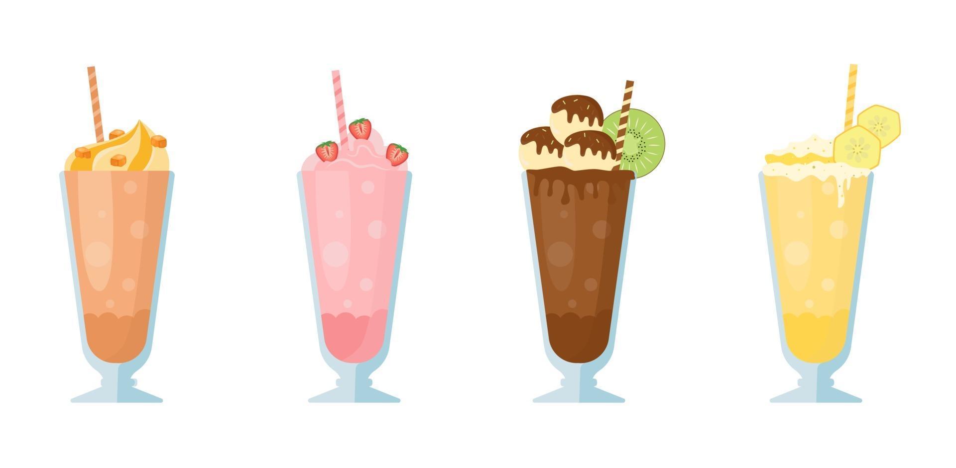 Milk cocktails set. Soft drinks. vector