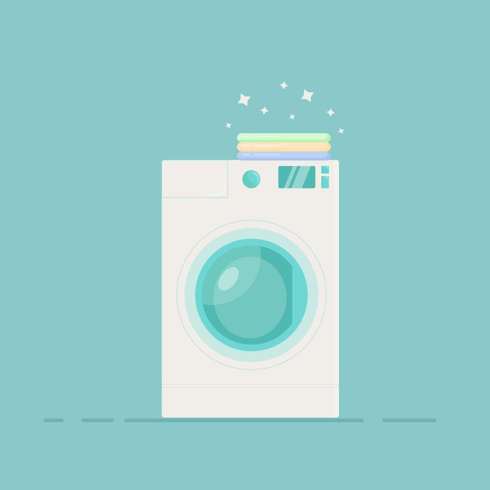 Washing machine on a blue background, clean linen lies on top. vector