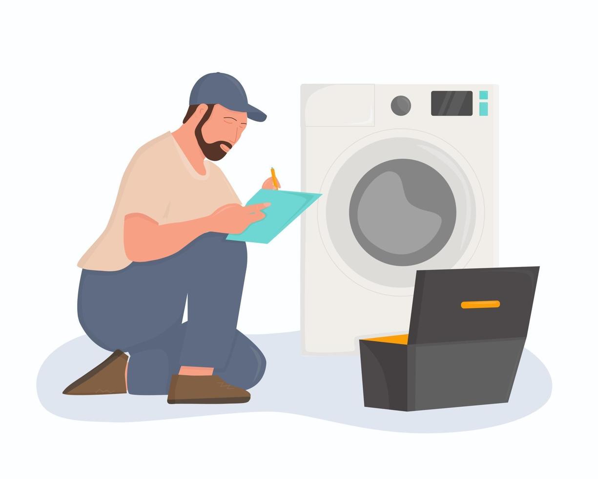 A plumber is repairing a washing machine. vector