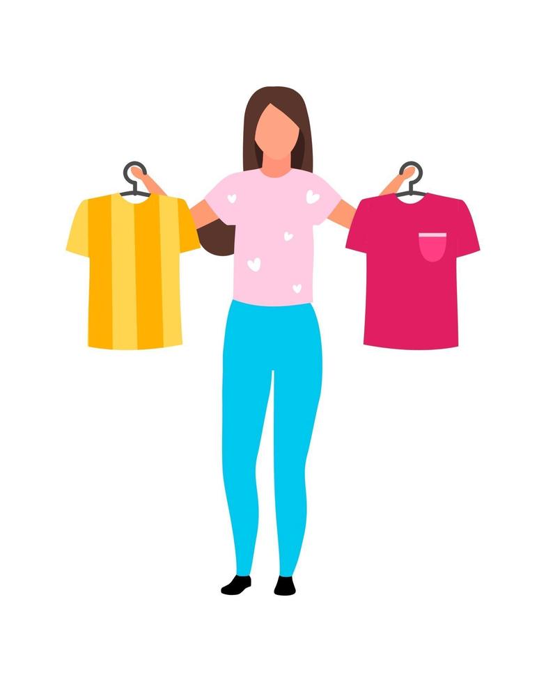 chica ayuda con camisetas eligiendo carácter vectorial de color semi plano vector